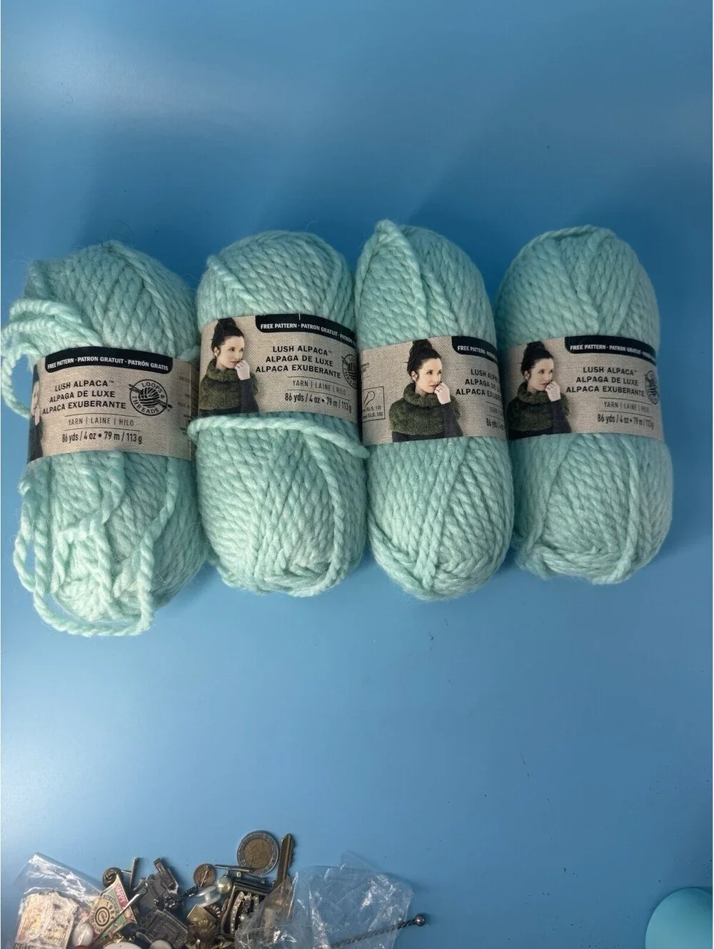 Loops & Threads Lush Alpaca Yarn Lot 4 Skeins + Started Project LA-20 Turquoise